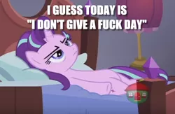 Size: 768x501 | Tagged: a royal problem, derpibooru import, edit, edited screencap, grumpy, image macro, meme, no fucks, safe, screencap, starlight glimmer, treehouse logo, vulgar