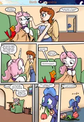 Size: 1280x1853 | Tagged: safe, artist:shieltar, derpibooru import, philomena, princess celestia, princess luna, oc, oc:grace harmony, pony, comic:birth of equestria, cewestia, comic, crying, dialogue, female, filly, flower, midriff, mouth hold, pink-mane celestia, sad, this will end in nightmare moon, tube top, winged human, woona, younger