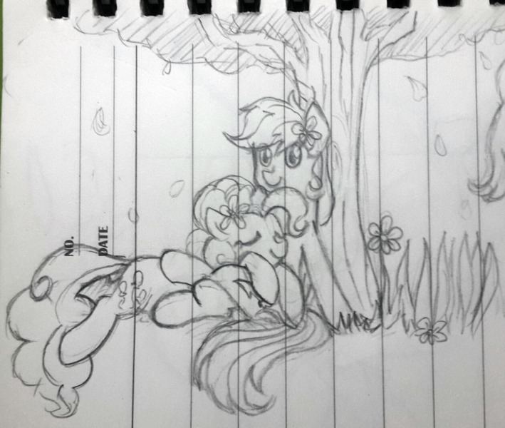 Size: 1260x1067 | Tagged: safe, artist:chautung, derpibooru import, pinkie pie, rainbow dash, earth pony, pegasus, pony, cute, dashabetes, diapinkes, eyes closed, female, flower, flower in hair, grass, lesbian, mare, pencil drawing, pinkiedash, shipping, sleeping, smiling, traditional art, tree