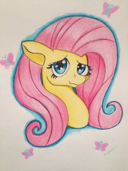 Size: 1024x1365 | Tagged: safe, artist:luxiwind, derpibooru import, fluttershy, pegasus, pony, bust, female, looking at you, mare, portrait, solo, traditional art