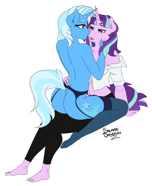 Size: 4366x5353 | Tagged: suggestive, artist:salamishowdown, derpibooru import, starlight glimmer, trixie, anthro, plantigrade anthro, absurd resolution, ass, barefoot, belly button, breasts, butt, clothed female nude female, clothes, feet, female, garter belt, garters, implied lesbian, implied nudity, implied shipping, lesbian, partial nudity, plot, shipping, simple background, sitting, startrix, stockings, thigh highs, tongue out, topless, transparent background