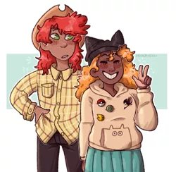 Size: 1000x974 | Tagged: safe, artist:mochietti, derpibooru import, bright mac, pear butter, human, badge, blushing, brightbutter, cat ears, clothes, commission, confused, cowboy hat, cute, dark skin, duo, eyes closed, female, flannel, freckles, hat, heart, hoodie, humanized, jeans, male, naruto, otaku, pants, peace sign, pearabetes, pokéball, pokémon, question mark, shipping, skirt, smiling, stetson, straight, weeaboo