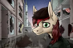 Size: 3000x2000 | Tagged: safe, artist:vendigoap, derpibooru import, oc, oc:appleale, earth pony, pony, fallout equestria, crying, female, hat, hopeful, mare, ruins, scavenger, smiling at you, solo