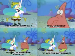 Size: 573x430 | Tagged: safe, derpibooru import, princess celestia, image, meme, patrick star, png, spongebob squarepants, spongebob squarepants (character), texas (spongebob episode), uselesstia