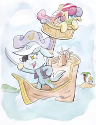 Size: 2129x2759 | Tagged: artist:lost marbles, bipedal, bon bon, derpibooru import, derpy hooves, eyepatch, hat, island, lyra heartstrings, nauseous, palm tree, pirate, pirate hat, safe, sea sickness, ship, sweetie drops, sword, traditional art, tree, weapon
