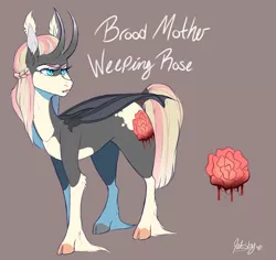 Size: 1234x1166 | Tagged: safe, artist:qatsby, derpibooru import, oc, oc:weeping rose, unofficial characters only, vampony, bat wings, cloven hooves, curved horn, ear fluff, female, flower, gray background, horns, mare, rose, simple background, solo, unshorn fetlocks