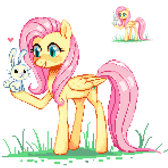 Size: 591x591 | Tagged: safe, artist:hikkage, derpibooru import, angel bunny, fluttershy, pegasus, pony, female, heart, mare, pixel art, simple background, white background