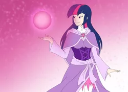 Size: 3113x2245 | Tagged: artist:pyrus-leonidas, beautiful, clothes, derpibooru import, dress, female, human, humanized, magic, orb, safe, smiling, solo, twilight sparkle