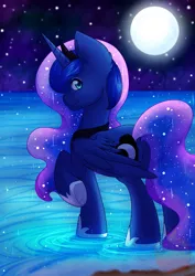 Size: 2480x3507 | Tagged: safe, artist:nana-yuka, derpibooru import, princess luna, alicorn, pony, color porn, female, looking at you, looking back, looking back at you, mare, moon, night, raised leg, shimmer, sky, smiling, solo, standing, stars, water