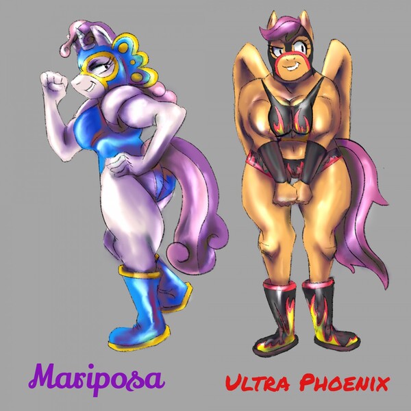 Size: 1280x1280 | Tagged: anthro, armpits, artist:lopsidedworld, breasts, busty scootaloo, busty sweetie belle, commission, derpibooru import, luchador, mariposa, mask, muscles, older, pose, scootaloo, strongaloo, suggestive, sweetie barbell, sweetie belle, ultra phoenix, wrestler