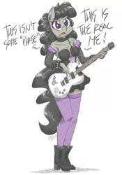 Size: 1200x1714 | Tagged: safe, artist:flutterthrash, derpibooru import, octavia melody, anthro, earth pony, plantigrade anthro, clothes, commission, dialogue, ear piercing, electric guitar, female, fishnets, guitar, it's a phase, it's not a phase, piercing, rocktavia, socks, solo, younger