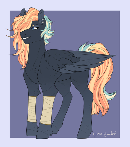 Size: 2432x2761 | Tagged: safe, artist:yumeyuuheii, derpibooru import, oc, oc:mockingbird, pegasus, pony, bandage, female, next generation, offspring, parent:dumbbell, parent:rainbow dash, parents:dumbdash, piercing, simple background