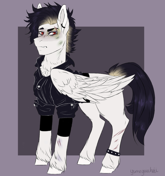 Size: 3758x4019 | Tagged: safe, artist:yumeyuuheii, derpibooru import, pegasus, pony, bruised, clothes, dyed mane, jacket, leather jacket, male, offspring, parent:bulk biceps, parent:fluttershy, parents:flutterbulk, piercing, scar, simple background