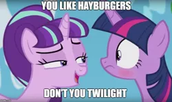 Size: 834x496 | Tagged: safe, derpibooru import, edit, edited screencap, screencap, starlight glimmer, twilight sparkle, twilight sparkle (alicorn), alicorn, pony, unicorn, the cutie re-mark, blushing, exploitable, exploitable meme, female, image macro, just one bite, mare, meme, she knows, spongebob squarepants, starlight's secret, twilight burgkle, you like krabby patties don't you squidward?