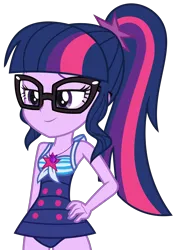 Size: 2600x3703 | Tagged: safe, artist:sketchmcreations, derpibooru import, sci-twi, twilight sparkle, equestria girls, equestria girls series, x marks the spot, attached skirt, clothes, female, geode of telekinesis, glasses, hand on hip, magical geodes, ponytail, simple background, skirt, smug, solo, swimsuit, transparent background, vector