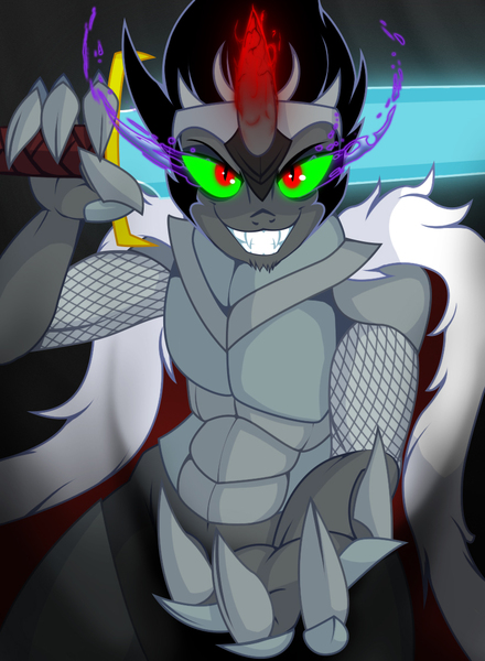 Size: 822x1122 | Tagged: safe, artist:lil miss jay, derpibooru import, king sombra, anthro, full service playing cards, armor, cape, censored, chainmail, claws, clothes, fluffy, glowing eyes, glowing horn, looking at you, male, sideburns, solo, sombra eyes, sword, weapon