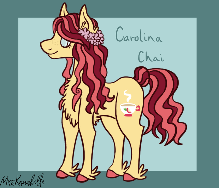 Size: 1750x1500 | Tagged: safe, artist:misskanabelle, derpibooru import, oc, oc:carolina chai, unofficial characters only, earth pony, pony, abstract background, chest fluff, ear fluff, earth pony oc, female, flower, flower in hair, freckles, image, mare, offspring, parent:big macintosh, parent:fluttershy, parents:fluttermac, png, signature, smiling, solo, unshorn fetlocks