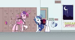 Size: 4885x2631 | Tagged: safe, artist:dreamingnoctis, derpibooru import, princess cadance, shining armor, alicorn, classical unicorn, unicorn, canon ship, carnation, cloven hooves, enamel pin, flower, gay, half r63 shipping, hallway, high school, leonine tail, letterman jacket, lockers, magic, male, moon, poster, prince bolero, romantic, rule 63, saddle bag, shining bolero, shipping, shy, sukajan, telekinesis, unshorn fetlocks, violet rose