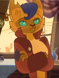 Size: 610x803 | Tagged: abyssinian, anthro, capper dapperpaws, capper is not amused, cat, clothes, coat, cropped, crossed arms, derpibooru import, looking up, male, my little pony: the movie, safe, screencap, solo, unamused, whiskers