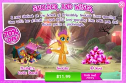 Size: 1155x768 | Tagged: advertisement, costs real money, crack is cheaper, derpibooru import, dragon, dragoness, female, flashfire, game, gameloft, game screencap, gem, greedloft, official, pun, safe, smolder