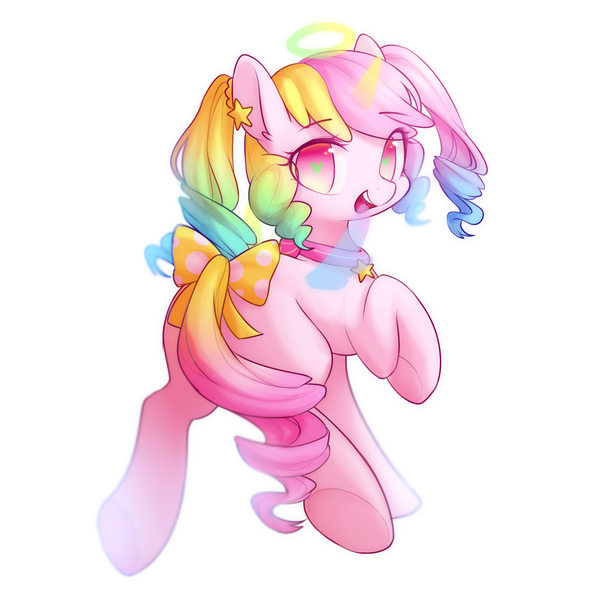 Size: 1800x1800 | Tagged: safe, artist:leafywind, derpibooru import, oc, unofficial characters only, pony, bow, collar, ear piercing, ethereal wings, female, gradient tail, halo, looking at you, looking back, looking back at you, mare, multicolored hair, open mouth, piercing, ponytails, raised hoof, rear view, simple background, smiling, solo, starry eyes, tail bow, white background, wingding eyes