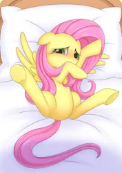 Size: 1406x1987 | Tagged: suggestive, artist:liu ting, derpibooru import, fluttershy, pegasus, pony, bed, female, looking at you, mare, pillow, solo