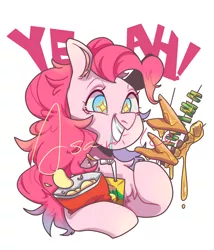 Size: 3000x3500 | Tagged: safe, artist:asarilce, derpibooru import, pinkie pie, earth pony, pony, chicken wings, chips, female, food, juice, juice box, junk food, leek, mare, ponies eating meat, simple background, solo, white background