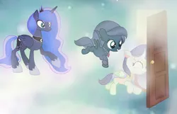 Size: 2852x1836 | Tagged: safe, artist:crystalhearts123yt, derpibooru import, princess luna, oc, oc:ethereal empyrean, oc:starry night sky, changepony, pony, base used, door, female, filly