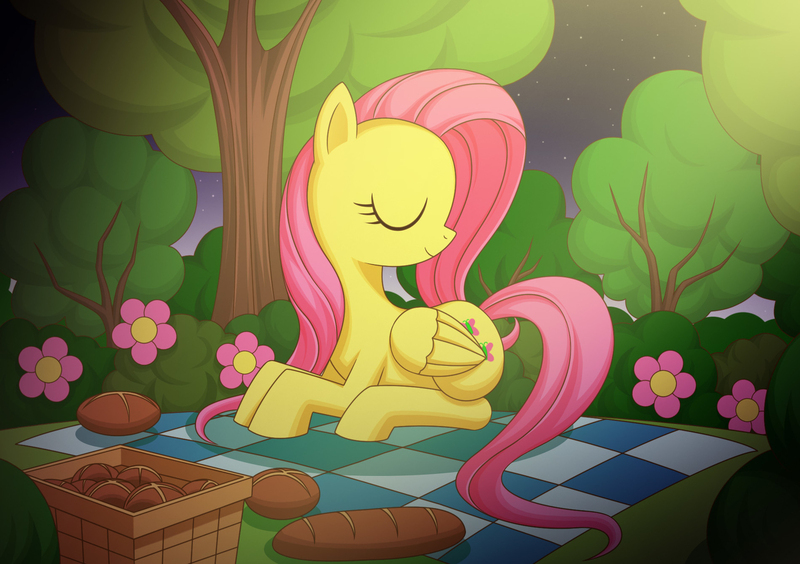 Size: 1200x846 | Tagged: safe, artist:liu ting, derpibooru import, fluttershy, pegasus, pony, basket, eyes closed, female, flower, folded wings, food, head turn, night, picnic, picnic blanket, prone, smiling, solo, tree