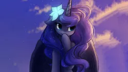 Size: 2667x1500 | Tagged: safe, artist:katputze, derpibooru import, edit, princess luna, alicorn, pony, cloud, cloudy, covering, covering mouth, cute, female, floppy ears, flower, flower in hair, lidded eyes, lunabetes, mare, missing accessory, outdoors, raised hoof, raised leg, sky, smiling, solo, spread wings, stars, wallpaper, wallpaper edit, wings