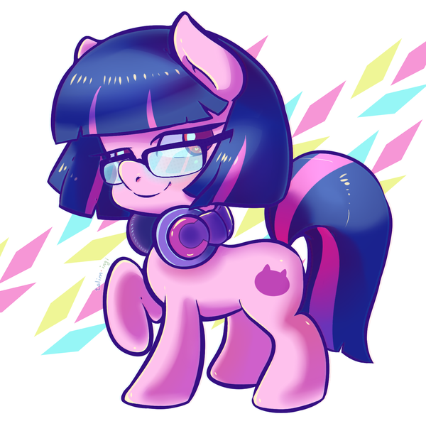 Size: 1500x1500 | Tagged: safe, artist:talimingi, derpibooru import, earth pony, pony, female, glasses, headphones, japan racing association, looking at you, mare, not twilight sparkle, pop team epic, pop team epic kinen, sabukaru kuso hinba