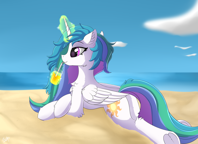 Size: 3000x2180 | Tagged: safe, artist:orangejuicerus, derpibooru import, princess celestia, pony, beach, drinking, drinking straw, female, glowing horn, magic, mare, missing accessory, prone, smiling, solo, sploot, underhoof