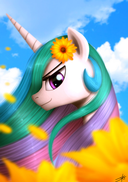 Size: 1240x1754 | Tagged: safe, artist:jeki, derpibooru import, princess celestia, alicorn, pony, cloud, cute, cutelestia, female, fire, flower, flower in hair, looking at you, mare, missing accessory, sky, smiling, solo