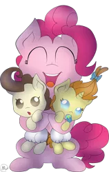 Size: 1024x1617 | Tagged: safe, artist:pinkiepie6680, derpibooru import, pinkie pie, pound cake, pumpkin cake, pony, diaper, hug, simple background, sitting, transparent background