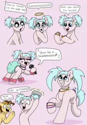 Size: 1392x2005 | Tagged: safe, artist:pastel-charms, derpibooru import, oc, oc:carmel bell, oc:twinkle star, unofficial characters only, earth pony, hamster, pony, bucket, carrot, clothes, cute, female, filly, food, halo, mare, missing teeth, offspring, older, parent:cheese sandwich, parent:pinkie pie, parents:cheesepie, pigtails, skirt, skirt lift
