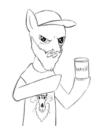 Size: 295x370 | Tagged: safe, artist:sigmatura, derpibooru import, ponified, pony, baseball cap, beard, cap, clothes, facial hair, food, hat, male, mayonnaise, monochrome, regular ordinary swedish meal time, sauce, shirt, sketch, solo, stallion