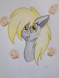 Size: 1024x1365 | Tagged: safe, artist:luxiwind, derpibooru import, derpy hooves, pony, bust, food, muffin, portrait, solo, traditional art