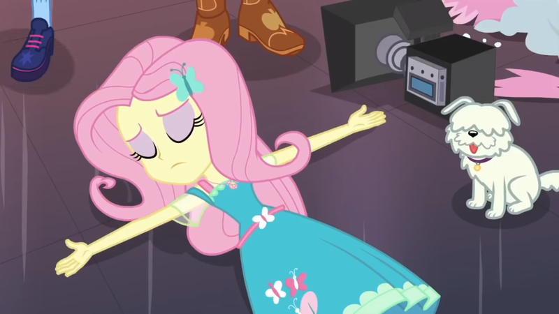 Size: 1280x720 | Tagged: safe, derpibooru import, screencap, applejack, fluttershy, sci-twi, twilight sparkle, dog, equestria girls, equestria girls series, outtakes (episode), camera, eyes closed, eyeshadow, lying, makeup, pup-pup