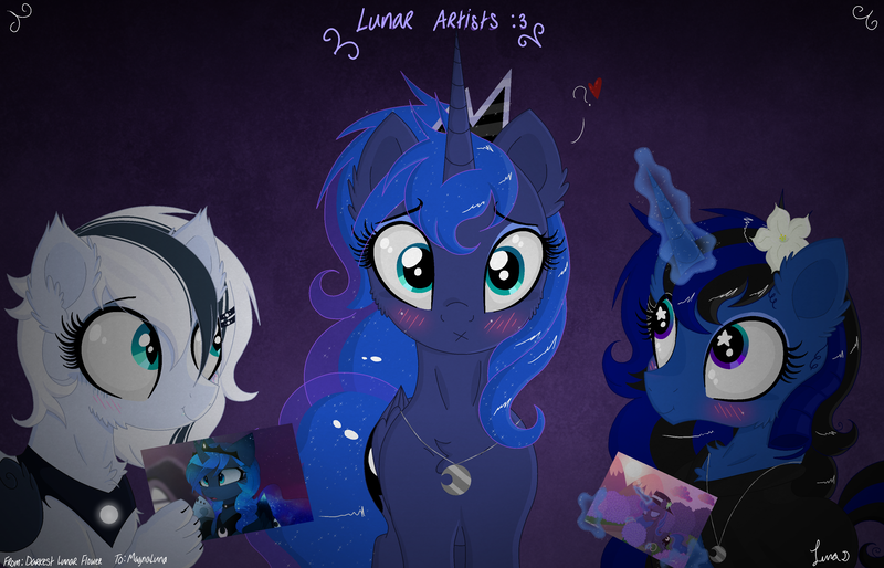 Size: 3500x2250 | Tagged: safe, artist:darkest-lunar-flower, derpibooru import, princess luna, oc, oc:darkest lunar flower, oc:lyra sphinx, alicorn, pony, unicorn, blushing, cute, female, gift art, heart, magic, present, starry eyes, wingding eyes