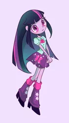 Size: 1500x2668 | Tagged: safe, artist:bbtasu, derpibooru import, twilight sparkle, twilight sparkle (alicorn), alicorn, human, equestria girls, clothes, cute, female, high heels, leg warmers, looking at you, moe, pleated skirt, shoes, simple background, skirt, solo