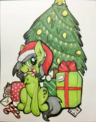 Size: 2504x3190 | Tagged: safe, derpibooru import, oc, oc:anonfilly, unofficial characters only, blushing, candy, candy cane, card, chest fluff, christmas, christmas tree, cute, ear fluff, female, filly, food, hat, holiday, looking at you, present, santa hat, sitting, solo, tree