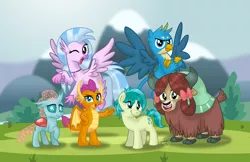 Size: 2000x1294 | Tagged: safe, artist:aleximusprime, derpibooru import, gallus, ocellus, sandbar, silverstream, smolder, yona, changedling, changeling, classical hippogriff, dragon, earth pony, gryphon, hippogriff, pony, yak, school daze, season 8, spoiler:s08, crossed arms, cute, diaocelles, diastreamies, dragoness, female, gallabetes, looking at you, male, one eye closed, open mouth, print, sandabetes, scenery, smiling, smolderbetes, student six, teenager, wink, yonadorable