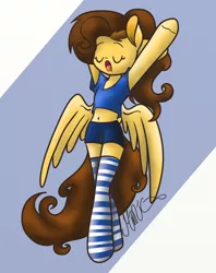 Size: 800x1010 | Tagged: safe, artist:mimicproductions, derpibooru import, oc, oc:mimic, unofficial characters only, anthro, pegasus, clothes, pants, shirt, socks, solo, striped socks, t-shirt