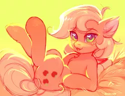 Size: 2135x1642 | Tagged: safe, artist:lispp, derpibooru import, applejack, earth pony, pony, :p, ear fluff, female, freckles, hatless, heart eyes, limited palette, looking at you, mare, missing accessory, on back, open mouth, silly, solo, tongue out, wingding eyes