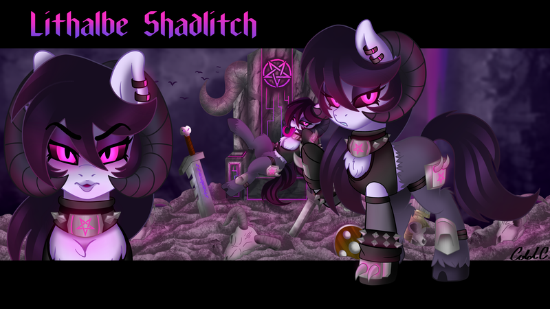 Size: 3840x2160 | Tagged: armor, artist:ciderpunk, bone, bust, choker, darksynth, demon, demon horns, demon pony, derpibooru import, ear piercing, earring, eyeshadow, fluffy, glow, glowing eyes, goat, goat pony, goth, hell, horn, jewelry, katana, lips, looking at you, makeup, necklace, neon, oc, oc:lithalbe shadlitch, pentagram, piercing, semi-grimdark, sensual, sexy, shield, skull, spikes, sword, throne, undead, underworld, unofficial characters only, weapon