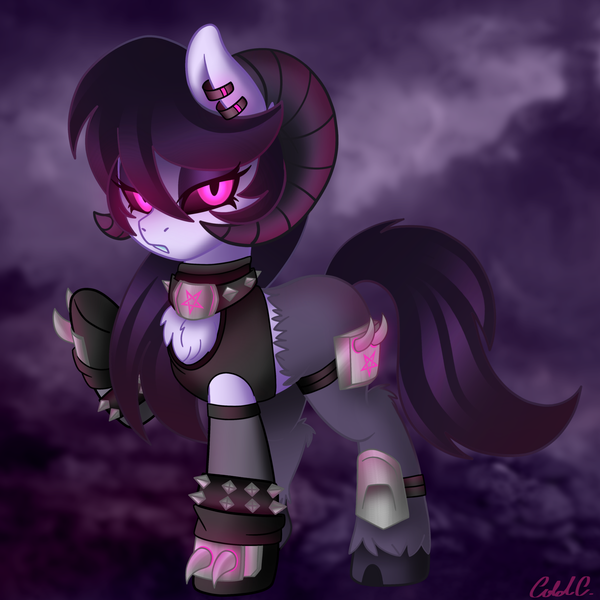 Size: 3700x3700 | Tagged: armor, artist:ciderpunk, choker, darksynth, demon, demon horns, demon pony, derpibooru import, ear piercing, earring, eyeshadow, fluffy, glow, glowing eyes, goat, goat pony, goth, hell, horn, jewelry, lips, looking at you, makeup, necklace, neon, oc, oc:lithalbe shadlitch, pentagram, piercing, semi-grimdark, sensual, sexy, spikes, undead, underworld, unofficial characters only