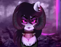 Size: 4500x3500 | Tagged: artist:ciderpunk, bust, choker, darksynth, demon, demon horns, demon pony, derpibooru import, ear piercing, earring, eyeshadow, fluffy, glow, glowing eyes, goat, goat pony, goth, hell, horn, jewelry, lips, looking at you, makeup, necklace, neon, oc, oc:lithalbe shadlitch, pentagram, piercing, semi-grimdark, sensual, sexy, spikes, suggestive, undead, underworld, unofficial characters only