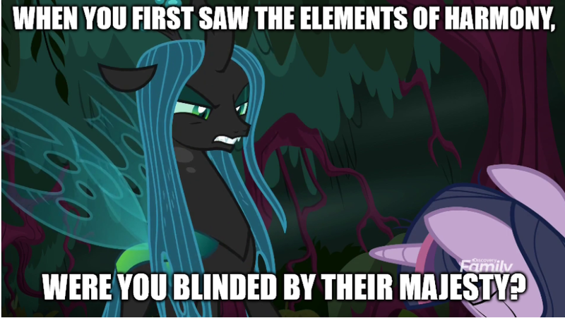 Size: 861x485 | Tagged: alicorn, bowing, changeling, changeling queen, clone, derpibooru import, discovery family logo, edit, edited screencap, halo (series), image macro, mean twilight sparkle, meme, prophet of regret, queen chrysalis, reference, safe, screencap, the mean 6, video game, video game reference