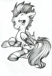 Size: 1703x2460 | Tagged: artist needed, suggestive, derpibooru import, oc, oc:wing, unofficial characters only, pegasus, pony, birthday, black and white, cake, clothes, food, grayscale, monochrome, present, socks, solo, striped socks