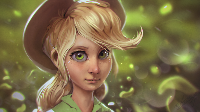 Size: 1200x675 | Tagged: safe, artist:assasinmonkey, derpibooru import, applejack, human, equestria girls, beautiful, big eyes, bust, cowboy hat, equestria girls outfit, female, freckles, green, hat, humanized, lips, looking at you, messy hair, portrait, realistic, solo, stetson, uncanny valley, woman